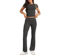 ROFUSSO Verano Mujeres Dos Piezas Lounge Set Slim Fit Tops de Manga Corta y Yoga Flare Pantalones Chándal Leisure Outfit Fitness Conjunto Deportivo