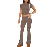 ROFUSSO Verano Mujeres Dos Piezas Lounge Set Slim Fit Tops de Manga Corta y Yoga Flare Pantalones Chándal Leisure Outfit Fitness Conjunto Deportivo