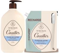 Rogé Cavaillès | Juego de gel de ducha de flores de algodón 1 L + recarga ecológica 1 L - Limpiador para pieles secas y sensibles - Hidratación de larga duración - Formato ecológico y económico