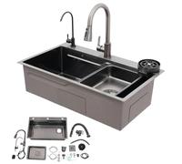 ROGONPDK Fregadero de cocina, fregadero multifunción, fregadero rectangular de acero inoxidable con grifo, fregadero de acero inoxidable, fregadero cascada, fregadero multifuncional, fregadero