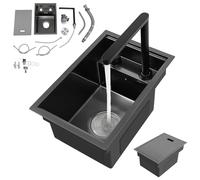 ROGONPDK Fregadero invisible y grifo, barra de cocina, fregadero integrado para encimera, fregaderos de cocina, fregadero de trabajo de acero inoxidable, fregadero empotrado, fregadero de cocina negro