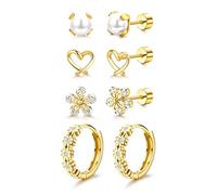 Roheafer 4 Pares Pendientes Mujer Acero Inoxidable Pequeños Pendientes Hipoalergenicos Conjunto Aros y Tachuelas CZ Corazón Flor Cartílago Tragus Helix Piercing Oreja Aretes(Clear)