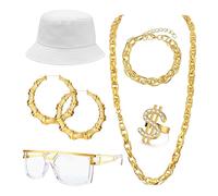 Roheafer 7Pcs Kit de Disfraces de Hip Hop, 80s 90s Accesorios de Rapero, Kit de Cadena Disfraz Rapero con Sombrero Bucket Falsa Cadena de Anillos gafas de sol, Accesorios de Rapero