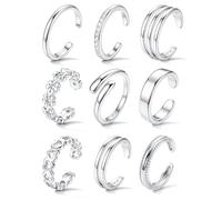 Roheafer 9 Piezas Anillos para Pie Mujer 14K Plata Relleno Ajustable Abierto Pie Dedo Anillos Juego CZ Flor Verano Playa Joyería para Pies(Triple)
