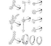 Roheafer Juego de 12 piercings de hélix, acero quirúrgico, pendientes de aro con espalda plana, pendientes de aro dorados y plateados, para mujer, Acero inoxidable, Circonia cúbica