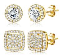 Roheafer Pendientes de tuerca de circonita cúbica para mujeres y hombres, chapados en oro de 14 quilates, hipoalergénicos, de plata de ley, redondos, cuadrados, con hielo, Plata de ley, Circonia