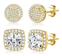 Roheafer Pendientes de tuerca de circonita cúbica para mujeres y hombres, chapados en oro de 14 quilates, hipoalergénicos, de plata de ley, redondos, cuadrados, con hielo, Plata de ley, Circonia