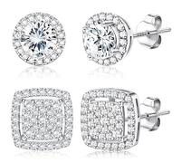 Roheafer Pendientes de tuerca de circonita cúbica para mujeres y hombres, chapados en oro de 14 quilates, hipoalergénicos, de plata de ley, redondos, cuadrados, con hielo, Plata de ley, Circonia