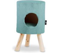 Rohrschneider Cueva para Mascotas Redonda con Asiento, Tela de Pana, Cojín Extraíble, 32x32x55 cm, Beige o Turquesa (Turquesa, con heces)