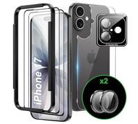 Rojeuinn Protector de Pantalla para iPhone 17 6.3" Cristal Templado, 2 Piezas Protectores de Vidrio Templado con Marco de posicionamiento + 2 Piezas Protector de cámara + Juego de películas traseras
