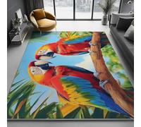 Rojo Alfombra Lavable, Pintura Al Óleo De Loros Tropicales Tema Estampado Alfombra de Pelo Corto, Antiincrustante Antideslizante Suave para Dormitorio Cocina, 60 x 90 cm