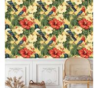 Rojo Amarillo Flores Papel de Pared Autoadhesivo Pelar y Pegar Rama Pájaros Papel Pintado Adhesivo Impermeable Mate Removible Wallpaper para Dormitorio Muebles Armario Pared Salon Pegatina 0.52x5 m