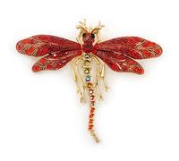 Rojo/Burdeos Swarovski Crystal Dragonfly broche/colgante en tono de oro Metal - 70 mm a través
