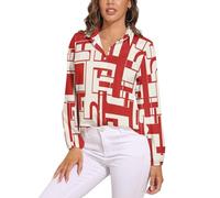 Rojo Camisa De Mujer Camisas Manga Larga Blusa Casual Formas Geométricas Botón Abajo Tops Cuello En V Camisa Trabajo, Arte En Mosaico Usar A Diario Primavera, Otoño Invierno