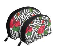 Rojo Flor Animales Cebra, Bolsa de Maquillaje de Concha, Monedero pequeño para Mujer, Bolsa de artículos de tocador, Bolsa de cosméticos, 2 Piezas