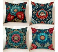 Rojo Funda Almohada Impermeable Juego de 4, Lino Pillow Case Flor Funda Almohada 75x75, Doble Cara Impresión Cushion Covers con Cremallera Invisible para Decoracion Hogar, Regalo Mujer -bby250116A