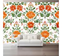 Rojo-naranja verde Papel pintado - Retro Shabby Chic Flores Hojas Mural de pared - Murales de pared para oficina, sala de estar dormitorio sofá fondo de TV, póster mural grande - 400 x 280 cm
