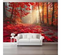 Rojo Papel pintado panorámico no tejido 300 x 210 cm Tamaño personalizado, póster mural gigante 3D, Fantasía Hermoso Bosque Hojas para sala de estar dormitorio o restaurante