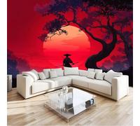 Rojo Papel pintado panorámico no tejido 350 x 256 cm Tamaño personalizado, póster mural gigante 3D, Estilo Japonés Árboles Samuráis para sala de estar dormitorio o restaurante