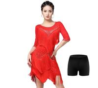 Rojo,S,Vestido Baile Latino con Dobladillo con Flecos para Mujer, Falda Salón Salsa Samba Vestido De Actuación Vals Cuello Redondo Mangas Medias Vestido Competición Latino Negro