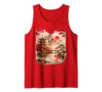 Rojo Vintage Flor Japonesa tee Montaña Vistas Paisaje Camiseta sin Mangas