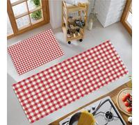 Rojo Y Blanco Juego De Alfombrillas De Cocina Antideslizantes Duraderas, 2 Pcs Lavables Patrón De Estilo Campestre Alfombras Para Cocina Lavandería Dormitorio (Geometría Retro, 50X80Cm+50X150Cm)