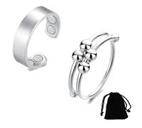 ROKZELT Anillo Magnético Terapéutico, Magnetoterapia, Anillo Antiestrés, 2 Piezas, Anillo Antiestrés, Menopausia, Ansiedad, Acero Inox, Acabado Plata, Apertura Regulable, Para Mujeres