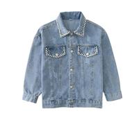 Rolanko Chaqueta Vaquera para Niñas, Chaqueta Jeans Básica Desgastada Outwear Camisas Vaqueras Abotonadas, Azul Perla, Tamaño:130