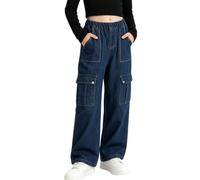Rolanko Girls Baggy Cargo Jeans, Pantalones Vaqueros Elásticos de Cintura Alta con Pierna Ancha y Corte de Bota Vintage para Niños, Azul Oscuro, Tamaño: 150
