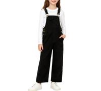 Rolanko Monos de Pana para Niñas Peto con Tirantes Ajustables y Bolsillos Largo Holgado Mono con Babero para Niños, Negro, 130, 7-8 Años