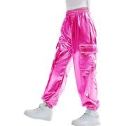 Rolanko Pantalones Cargo Niñas, Dance Hip Hop Pantalones Metálicos Brillantes Cintura Elástica Retro Streetwear, Rosado, 8-9 años,140