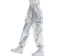 Rolanko Pantalones Cargo Niñas, Dance Hip Hop Pantalones Metálicos Brillantes Cintura Elástica Retro Streetwear, Láser Plata, 8-9 años,140