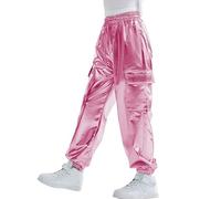 Rolanko Pantalones Cargo Niñas, Dance Hip Hop Pantalones Metálicos Brillantes Cintura Elástica Retro Streetwear, Rosa, 8-9 años,140