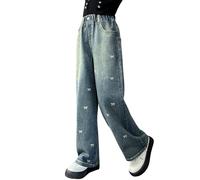 Rolanko Vaqueros Niñas, Loose Denim Pantalones Cintura Elástica Moda Rotos Azul para Niños, Embroidery Bow, Tamaño: 8-9 años /140