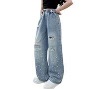 Rolanko Vaqueros Niñas, Loose Denim Pantalones Cintura Elástica Moda Rotos Azul para Niños, Glitter Holes, Tamaño: 8-9 años /140