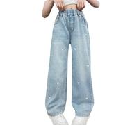 Rolanko Vaqueros Niñas, Loose Denim Pantalones Cintura Elástica Moda Rotos Azul para Niños, Heart Embroidery, Tamaño: 8-9 años /140