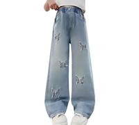 Rolanko Vaqueros Niñas, Loose Denim Pantalones Cintura Elástica Moda Rotos Azul para Niños, Mariposa Rosa, Tamaño: 8-9 años /140