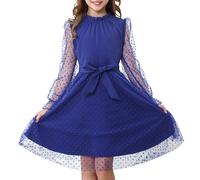 Rolanko Vestido de Manga Larga Abullonada para Niña, Cintura Alta con Cinturón Línea A Cuello Volante Malla Contrastada Vestidos de Princesa para Fiesta en Tul, Azul Marino, 13-14 años, 170