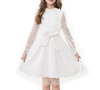 Rolanko Vestido de Manga Larga Abullonada para Niña, Cintura Alta con Cinturón Línea A Cuello Volante Malla Contrastada Vestidos de Princesa para Fiesta en Tul, Blanco, 13-14 años, 170