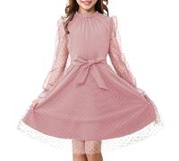 Rolanko Vestido de Manga Larga Abullonada para Niña, Cintura Alta con Cinturón Línea A Cuello Volante Malla Contrastada Vestidos de Princesa para Fiesta en Tul, Rosa, 7-8 Años, 130