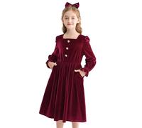 Rolanko Vestido de Terciopelo para Niñas con Bolsillos Mangas Largas Abullonadas Línea A Vestido Largo de Invierno con Lazo para el Cabello para Fiesta de Navidad y Cumpleaños, Rojo, 8-9 Años/140