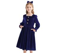 Rolanko Vestido de Terciopelo para Niñas con Bolsillos Mangas Largas Abullonadas Línea A Vestido Largo de Invierno con Lazo para el Cabello para Fiesta de Navidad y Cumpleaños, Azul, 10-11 Años/150