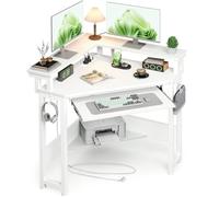 Rolanstar Escritorio de Esquina Triangular para Ordenador con Toma de Corriente y Luz LED, 44.5 Pulgadas de Ancho x 34.5 Pulgadas de Alto, Mesa de Estudio para PC (Blanco)