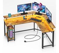 Rolanstar Escritorio en L con LED y Tomas de Corriente, Mesa Ordenador con Soporte para Monitor y Estante, Escritorio Gaming Reversible con 2 Ganchos (Marrón, 134,5 x 117,5 x 86,9cm)