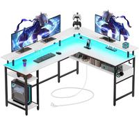 Rolanstar Escritorio Esquinero con LED y Enchufes, Escritorio Gaming L Forma para Monitor y Estante, Mesa Ordenador con 2 Ganchos, Escritorio para Juegos Grande para Oficina de Estudio(137 x 108cm)