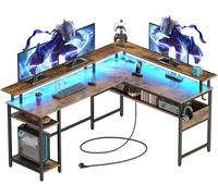 Rolanstar Escritorio Esquinero con LED y Enchufes, Escritorio Gaming L Forma para Monitor y Estante, Mesa Ordenador con 2 Ganchos, Escritorio para Juegos Grande para Oficina de Estudio(137 x 108cm)