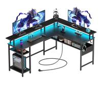 Rolanstar Escritorio Esquinero con LED y Enchufes, Escritorio Gaming L Forma para Monitor y Estante, Mesa Ordenador con 2 Ganchos, Escritorio para Juegos Grande para Oficina de Estudio(137 x 108cm)