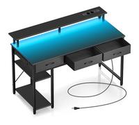 Rolanstar Escritorio Gaming con Cajones, Mesa Escritorio Led con Tomas de Corriente y Puertos USB, Escritorio para Ordenador con Soporte para Monitor, Estantes Ajustables para el Hogar(Negro, 137cm)