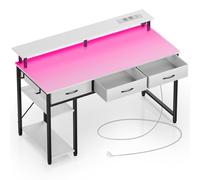 Rolanstar Escritorio Gaming con Cajones, Mesa Escritorio Led con Tomas de Corriente y Puertos USB, Escritorio para Ordenador con Soporte para Monitor, Estantes Ajustables para el Hogar(Blanco, 137cm)