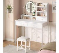 Rolanstar Tocador con espejo iluminado - LED de 3 colores, cajones de madera, enchufe integrado y USB, tocador compacto con estantes abiertos y soporte para secador de pelo para dormitorio